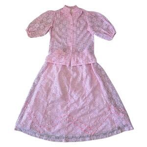 70s vintage prairie skirt blouse set sz M pink puff sleeve